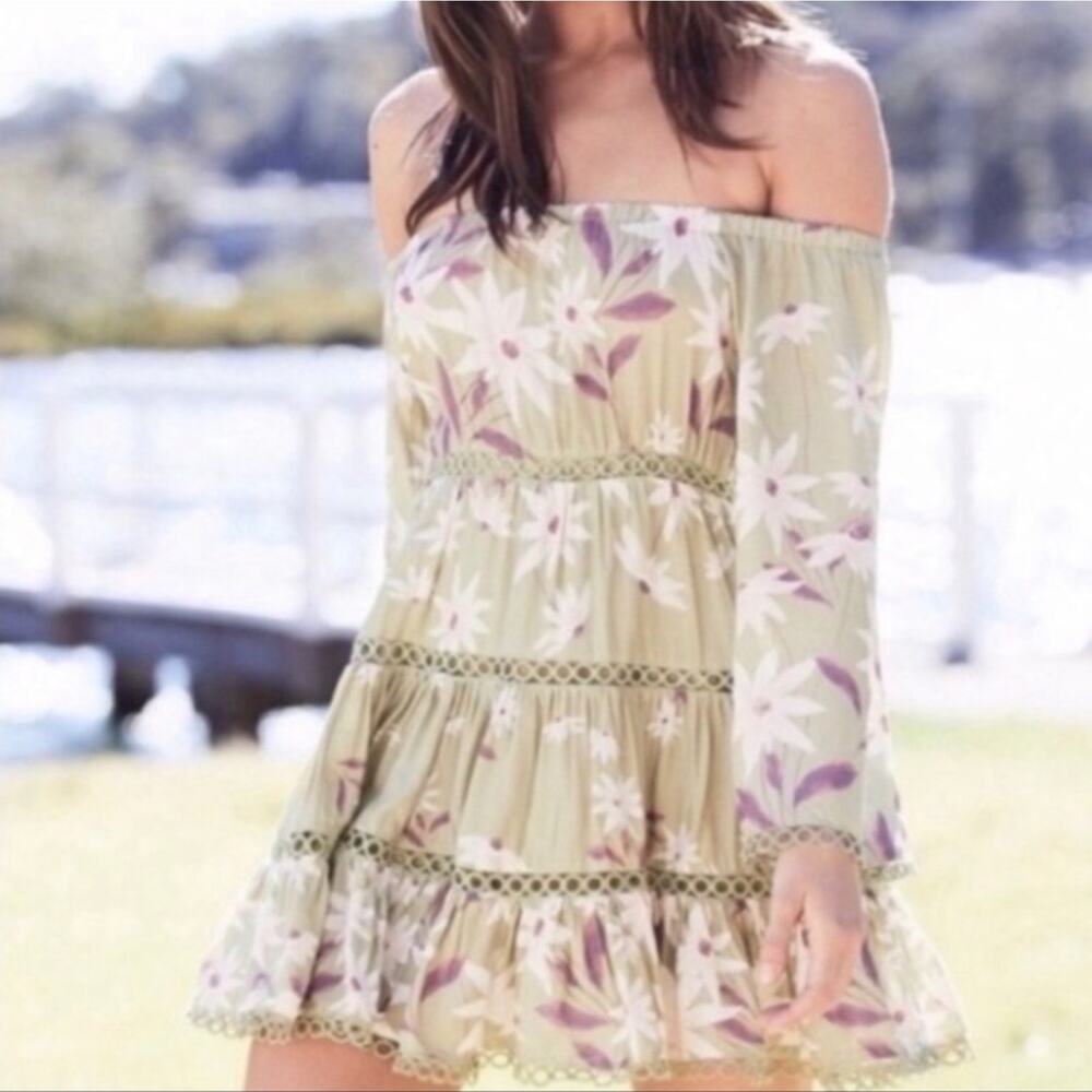 Anthropologie Jaase Womens Sage Green Floral Eyelet Off The Shoulder Dress XS